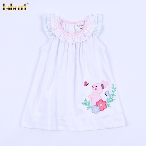 Applique Dress Bunny Pink Accent Neck For Girl - BB3249